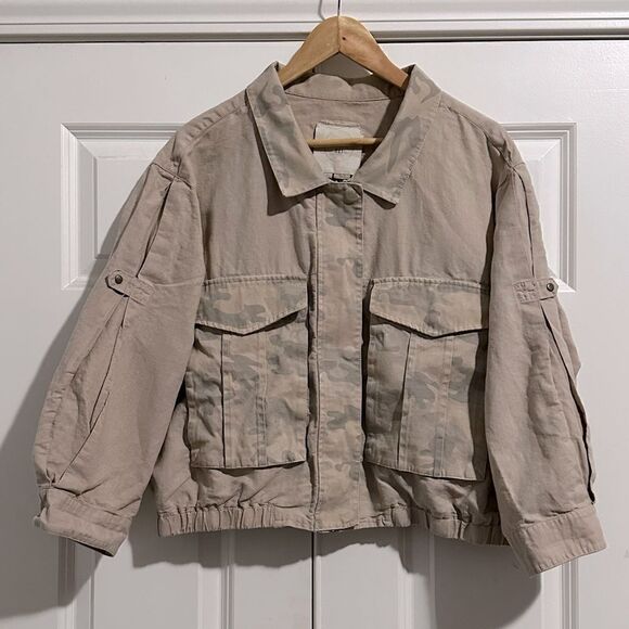 HEI HEI ANTHROPOLOGIE | Jacket Tan Camouflage Linen Blend Cropped Military | XL - Picture 2 of 9